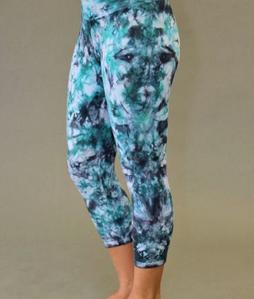 Organic Cotton Crop Yoga Legging - Turquoise/Black Tie-dye