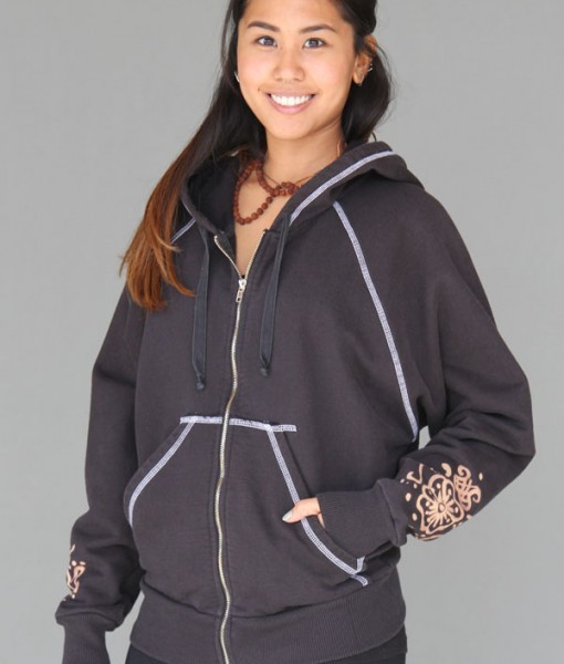 Hand-Painted  Zip Front Fleece Hoodie - Mehndi Design by Blue Lotus Yogawear