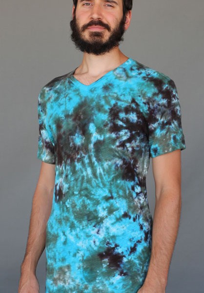 Men's Granite Tie Dye V-Neck Yoga Cut Tee- Olive/Turquoise by Blue Lotus Yogawear