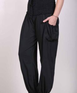 Organic Cotton Elastic Shirred Yoke Harem Pant- Black Jersey Knit
