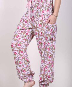 Printed Cotton Elastic Shirred Yoke Harem Pant- Pink Floral by Blue Lotus Yogawear