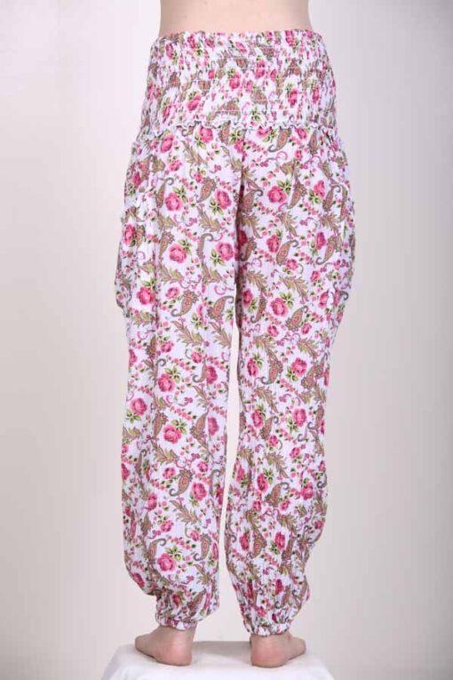 Printed Cotton Elastic Shirred Yoke Harem Pant- Pink Floral