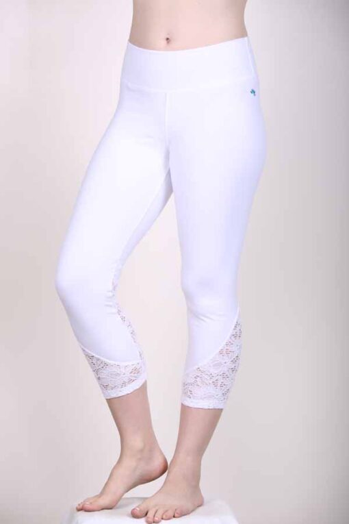 Organic Cotton Lace Calf Capri Yoga Legging- Kundalini White by Blue Lotus Yogawear