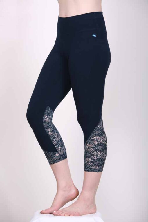 Organic Cotton Lace Calf Capri Yoga Legging- Navy by Blue Lotus Yogawear