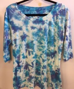100% Cotton Crystal Tie Dye- 3/4 Slv Yoga Tee- Turq Lilac by Blue Lotus Yogawear