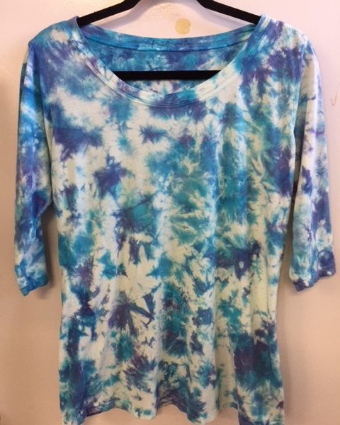 100% Cotton Crystal Tie Dye- 3/4 Slv Yoga Tee- Turq Lilac by Blue Lotus Yogawear