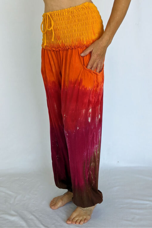 Organic Cotton Smocked Waistband Harem Pant-Red Orange Tie Dye by Blue Lotus Yogawear