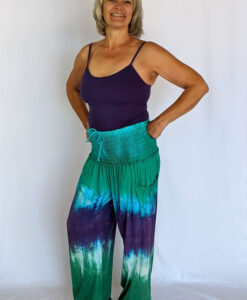 Organic Cotton Smocked Waistband Harem Pant-Turq Purple Tie Dye Outfit by Blue Lotus Yogawear